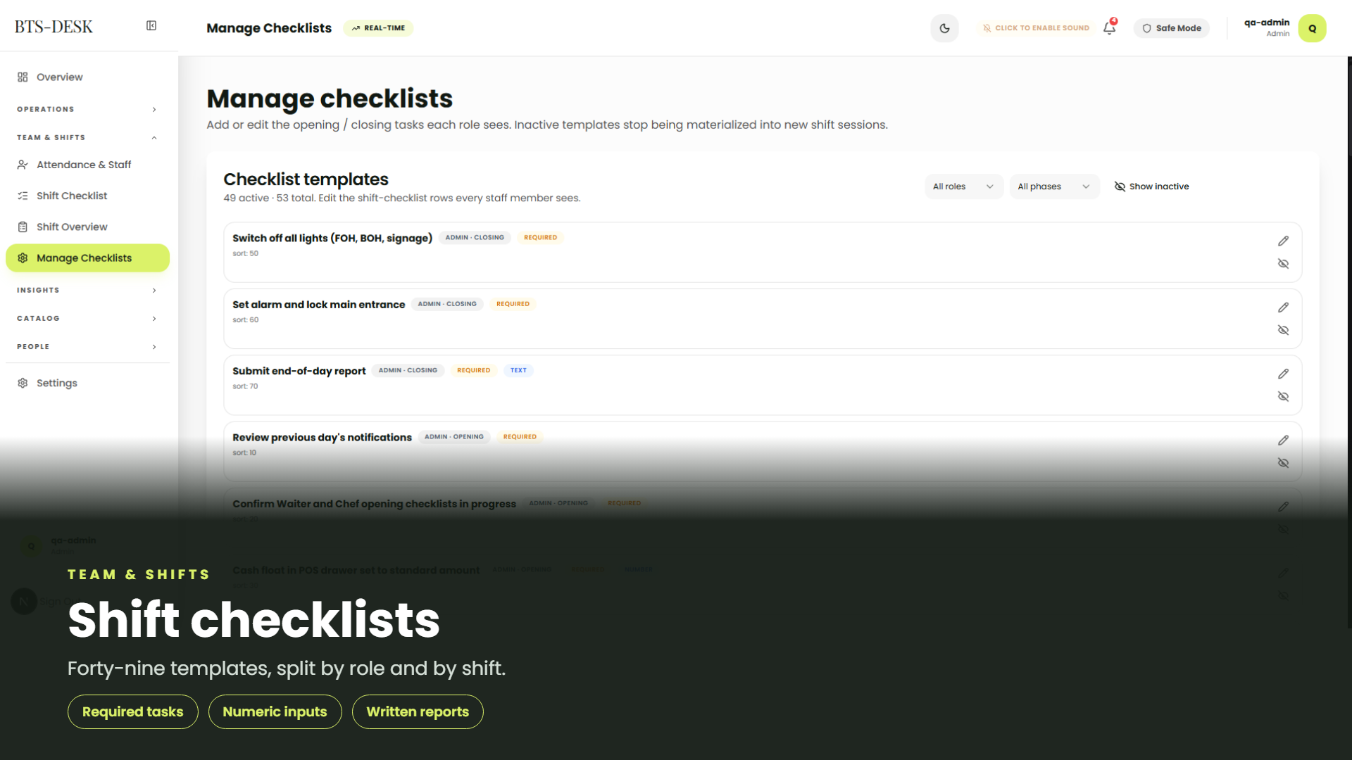 Staff checklists & timesheets